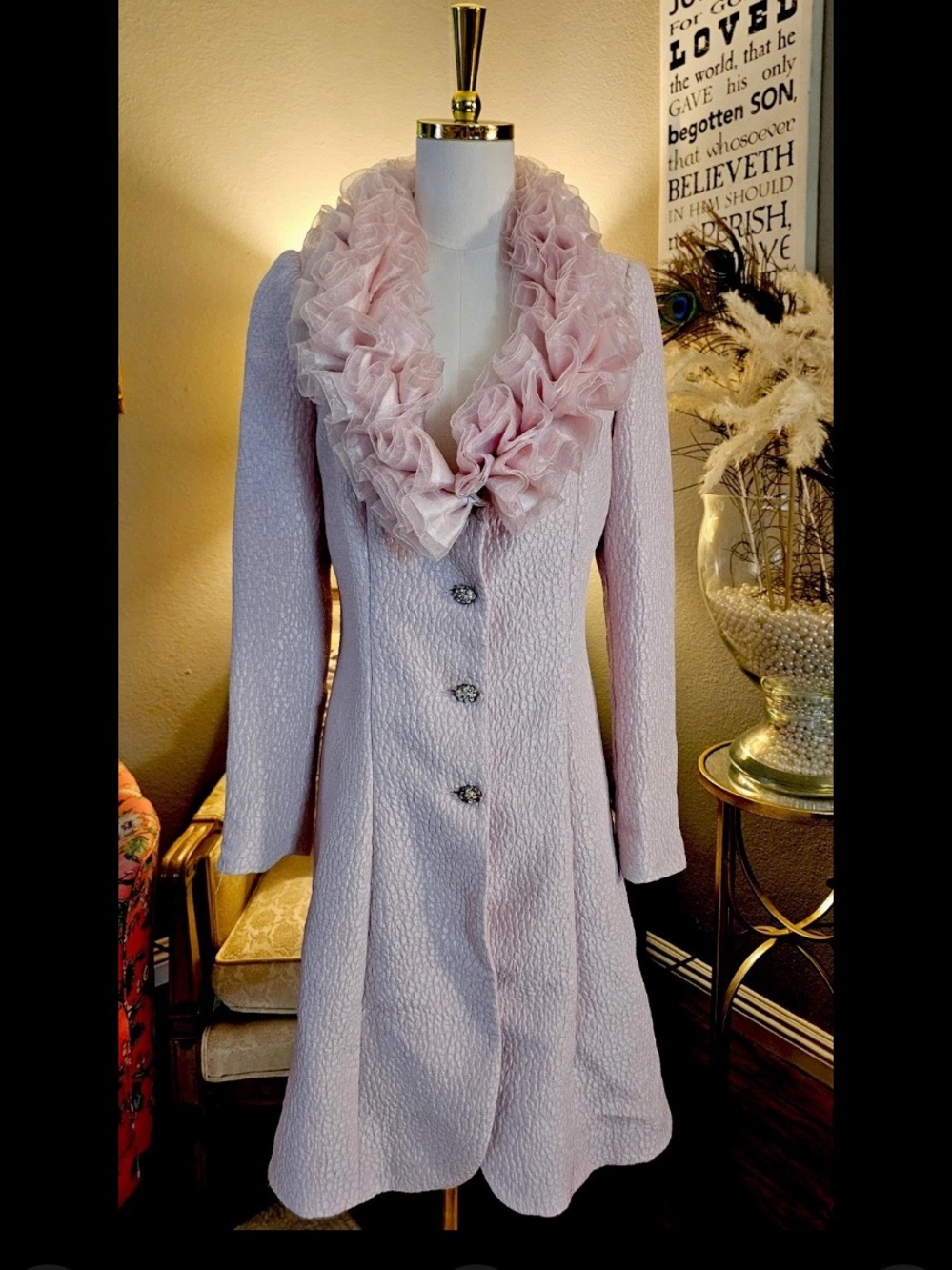 Vintage Aurora Pink Coat Ruffle Collar Rhinestone Buttons Cottagecore Regency